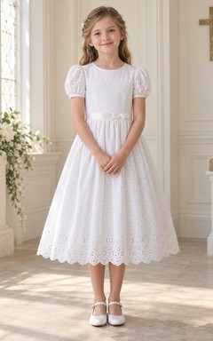 Modest White Tea-length Jewel Neck Puff Sleeve Eyelet Sash Communion Dress
