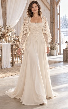 Vestido de novia bohemio de corte A con cuello cuadrado, manga larga y capa corta de crochet con flecos
