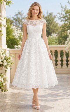 Teelanges Vintage-Cocktailkleid mit U-Boot-Ausschnitt, kurzen Ärmeln und Spitze in A-Linie