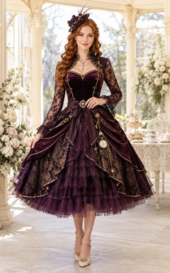 Burgundy Velvet Square Neck Long Sleeve Ball Gown Tea-length Party Dress