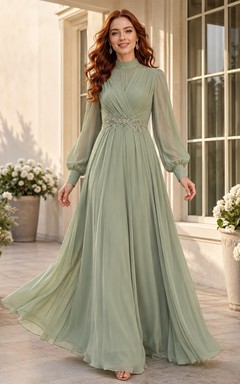 Sage Green Chiffon Long Sleeve A-Line High Neck Modest Floor Length Garden Bridesmaid Dress