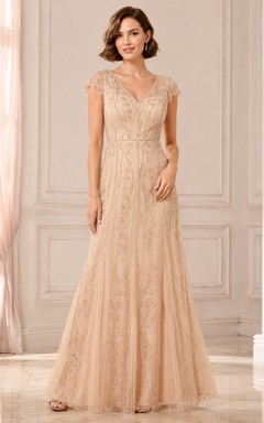 Luxury Champagne V-neck Sleeveless A-line Lace Formal Dress