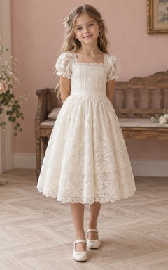 Vintage Tea-length Square Neck Ivory Puff Sleeve A-Line Tiered Scalloped Lace Pleated Sash Flowergirl Dress