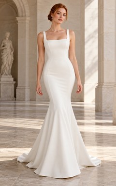 Simple Mermaid Square Neck Satin Sleeveless Sweep Train Wedding Dress