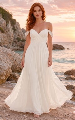 Vestido de novia de gasa de corte A con escote corazón y hombros descubiertos, ideal para la playa.