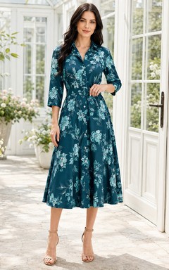 Peacock Floral Notched Neck Three-Quarter Sleeve Satin A-Line Tea-Length Shirt Dress