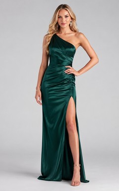 Dark Green One-Shoulder Crossback Slit Formal Prom Dress