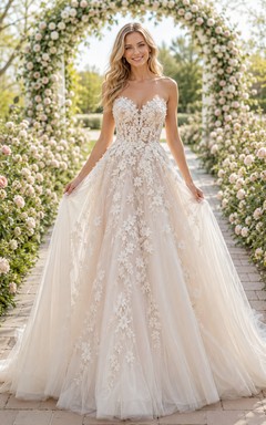 A-Linien-Brautkleid mit floralen 3D-Applikationen aus Tüll