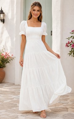Bohemian White Square Neck Short Sleeve Chiffon A-Line Tiered Dress