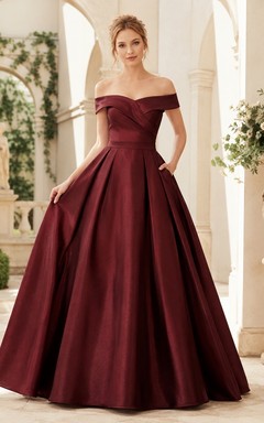Off-Shoulder Burgundy Pleated Satin Ball Gown Floor-Length Pockets Formal Dress