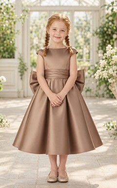 Simple Satin A-Line with Bow Flower Girl Dress with Jewel Neck, Tea-Length Skirt and Bow Detail
