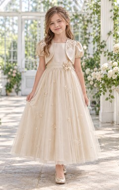 Champagne A-line Tulle Satin-bolero Puff-sleeve Ankle-length Appliqued Round-Neck Flower Girl Dress