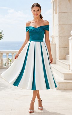 Vestido de cóctel vintage de los años 50, de satén a rayas color verde azulado, con hombros descubiertos y corte en A, largo hasta la rodilla.