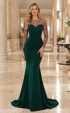 Dark Green Illusion Sleeve Mermaid Evening Dress