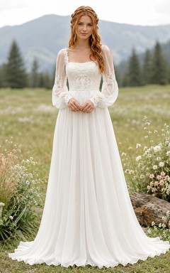 Square Neck Bishop Sleeve Chiffon Meadow Bridal Gown