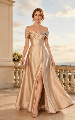 Champagnerfarbenes, schulterfreies, geschlitztes A-Linien-Abendkleid aus Satin für elegante Empfänge
