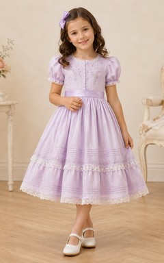 Vintage Lavender Jewel Neck Puff Sleeve Embroidered Satin A-Line Tea-Length Flower Girl Dress