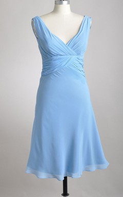 Knee-length Deep-V A-line Pleated Chiffon Teal Bridesmaid Dress