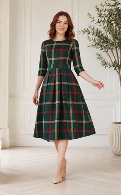 Vintage Plaid Jewel-Neck Three-Quarter-Sleeve A-Line Midi Dress