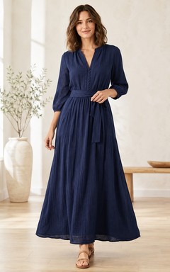 Ink Navy Cotton Gauze V-Neck Long-Sleeve A-Line Ankle-Length Dress
