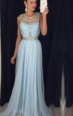Modern Beadings Jewel A-line Prom Dress Sweep Train