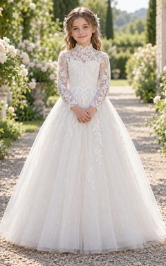 Vestido de niña de flores de tul blanco con cuello alto, manga larga y corte en A, estilo modesto, con estampado floral y manga larga.