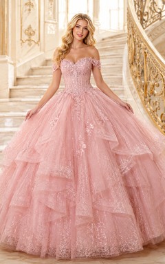 Blushing Pink Luxury Off Shoulder Layered Glitter Tulle Princess Quinceanera Ball Gown