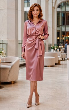Vestido de satén rosa empolvado de manga larga con cinturón para eventos sociales.