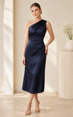 Dark Navy One-Shoulder Satin Ceremony Guest Dress