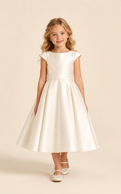Flower Girl Dress Ivory Satin A-Line Jewel Neck Tea Length Bow Detail