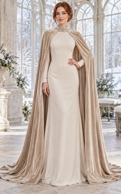 Vestido de terciopelo tipo capa de manga larga estilo barco para bodas de invierno