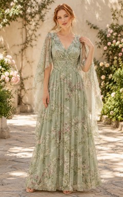 Sage Floral Cape Sleeve V-Neck A-Line Maxi Formal Dress