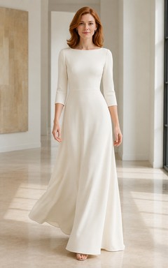 Abendkleid aus elfenbeinfarbenem Chiffon-Jersey, A-Linie, U-Boot-Ausschnitt, 3/4-Ärmel, bodenlang