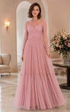 Vestido de noche largo hasta el suelo de tul rosa con escote corazón, mangas largas y volantes