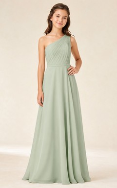 Elegantes junges Brautjungfernkleid in Celadon-Tönen, A-Linie, One-Shoulder, ärmellos, aus Chiffon