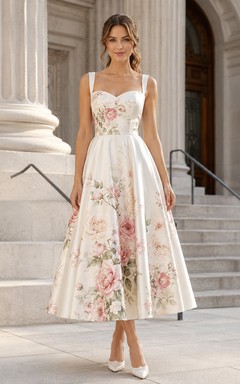 Painted Floral Satin Square Neck City Hall Midi Bridal Dress