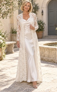 Vestido elegante de satén con cuello drapeado y mangas largas, estilo tubo, para segunda boda.