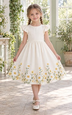 Modest Simple Ivory Tea-length Jewel Broad Flutter Sleeves Dense Daisy-Print Gathered A-line Flowergirl Dress