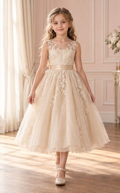 Tea-length Champagne Floral A-line Tulle Sleeveless Illusion-Neck Bow-back Flower Girl Dress