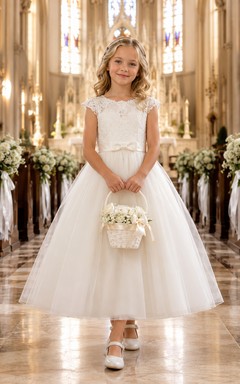 A-Line Cathedral Wedding Flower Girl Dress with Lace Bodice, Tulle Skirt, Satin Bow, Floor-Length Formal Ceremony Style