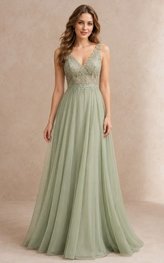 Celadon V-Neck Sleeveless Lace A-Line Maxi Bridesmaid Dress