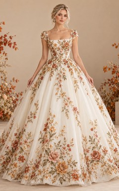 Square Neck Autumn Floral Embroidered Cap Strap Ball Gown Wedding Dress