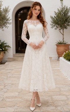Robe de mariée vintage en dentelle, coupe trapèze, col rond, manches longues, longueur thé