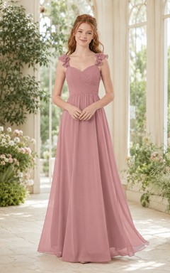 Brautjungfernkleid in Altrosa, A-Linie, herzförmiger Schnitt, ärmellos, Rüschen