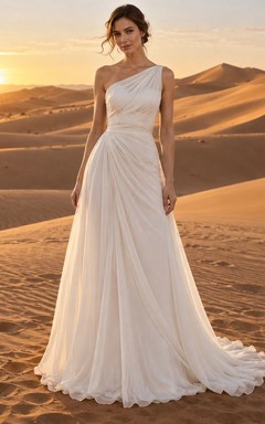 Vestido de novia sencillo de un solo hombro, sin mangas, de gasa, con corpiño drapeado, cintura fruncida y cola.