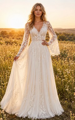 Bohemian Bell Sleeve Lace Prairie Chapel Bridal Gown