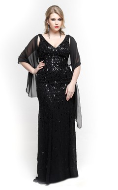 Langes, ärmelloses Etuikleid mit V-Ausschnitt, Perlenbesatz und Chiffon-Cape