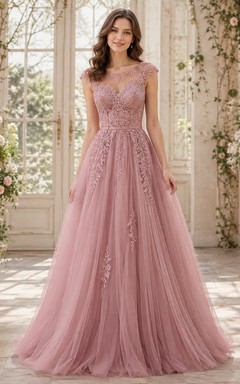 Vestido de gala de manga corta con cuello joya de tul color rosa empolvado