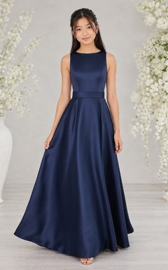 Dark Navy Junior Bridesmaid Dress A-Line Jewel Sleeveless Satin Bow Detail Elegant