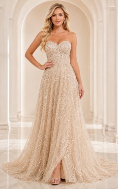 Champagne Sweetheart Sleeveless Sequins A-Line Floor-length Sparkle Gala Dress